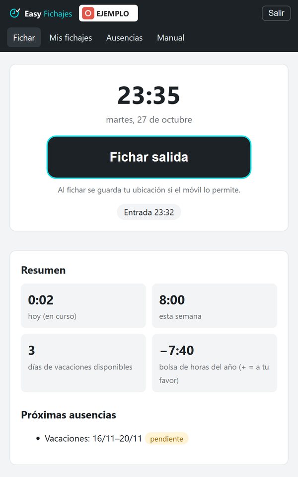 Pantalla de fichar en el móvil